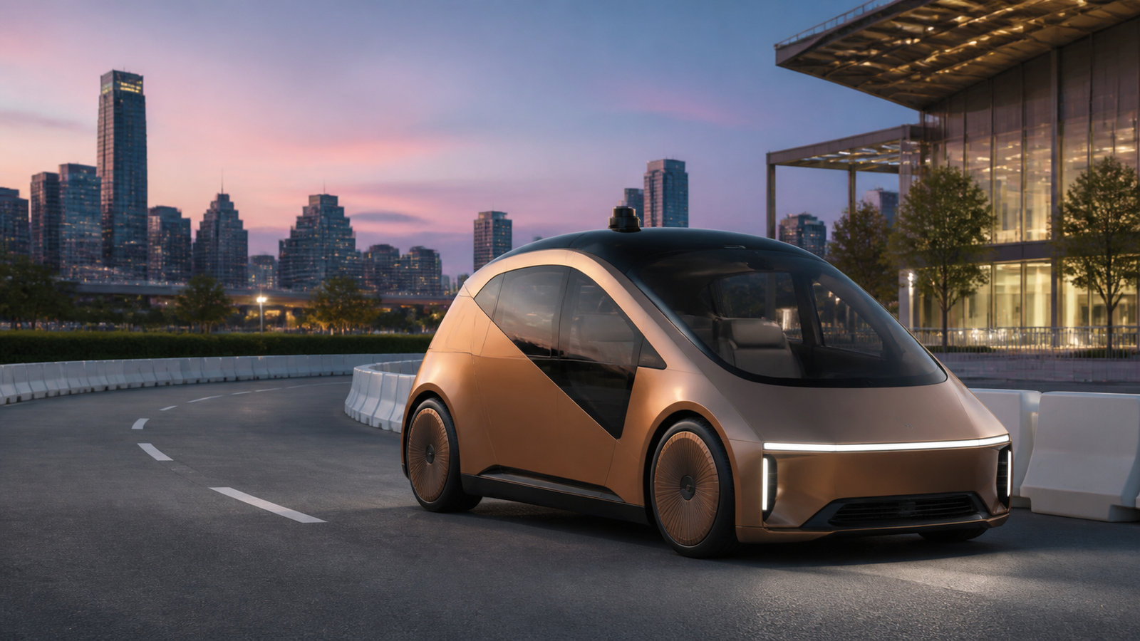 폐쇄된 시범 도로 위 자율주행 택시를 표현한 상징 이미지
