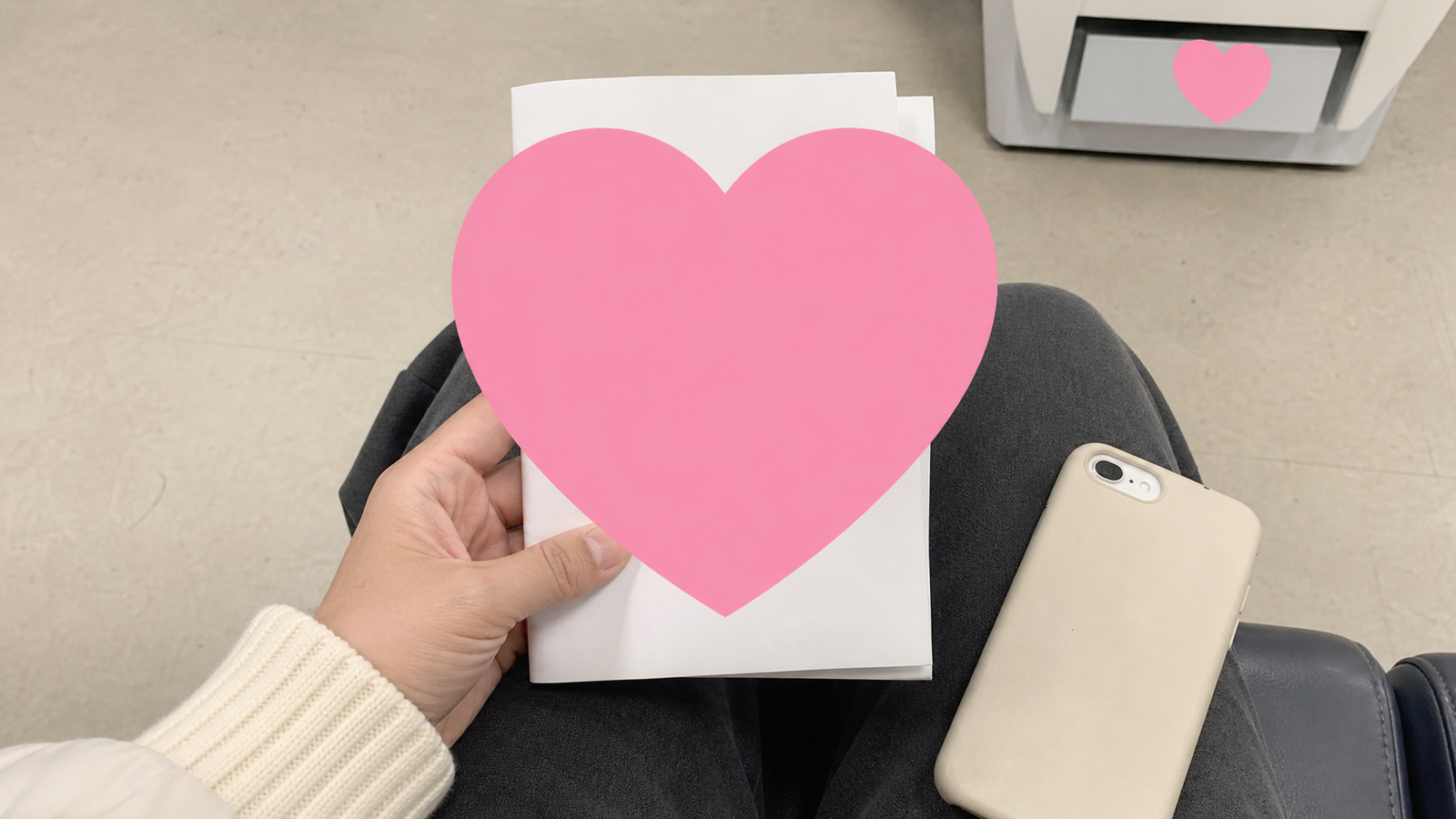 내용이 보이지 않게 접고 큰 하트로 가린 민원서류 AI 이미지