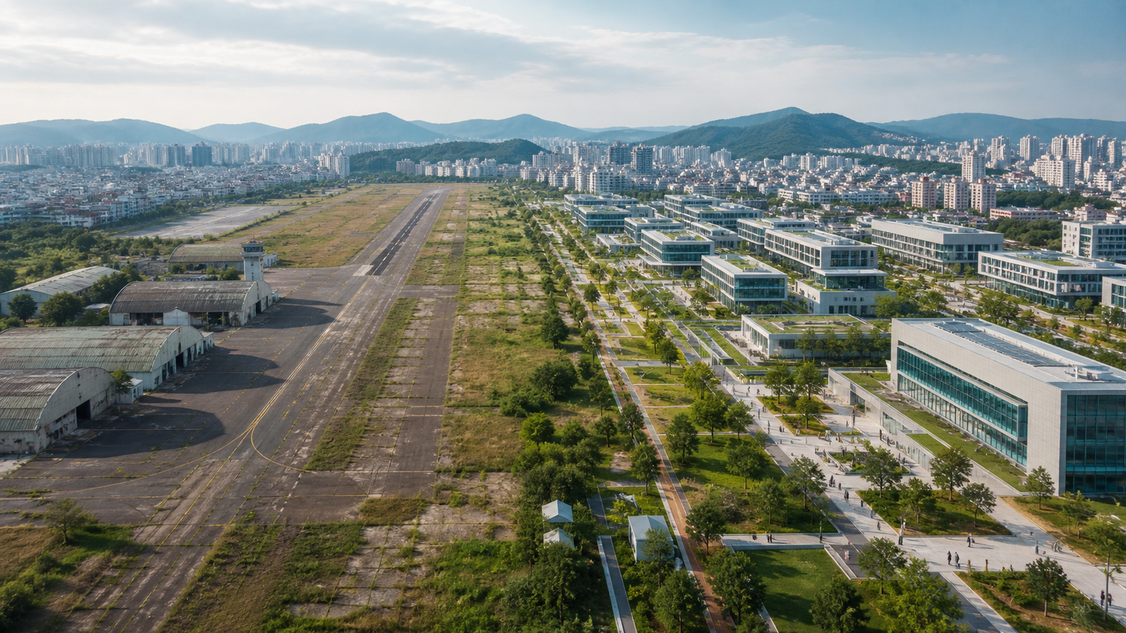 광주 군공항 종전부지의 미래 산업용지 활용을 상징적으로 표현한 이미지